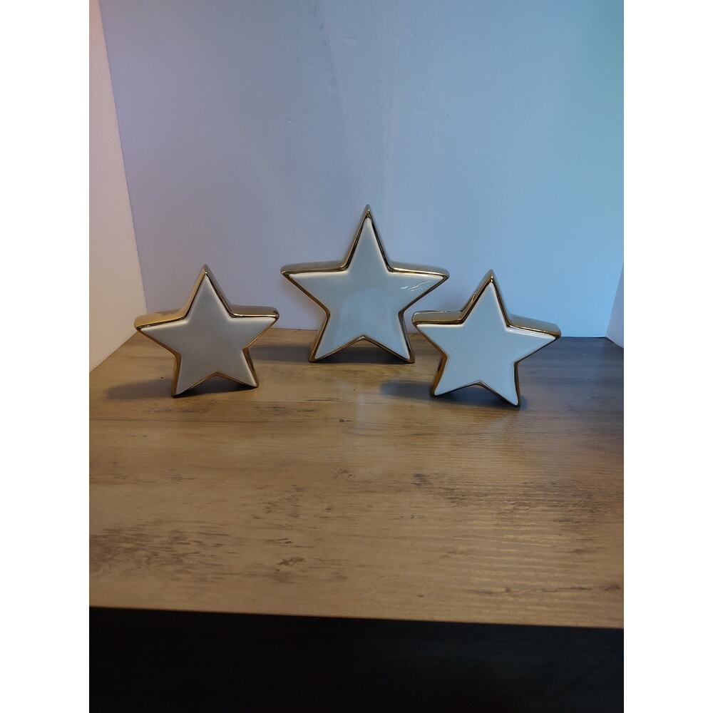 Set Of 3 Ceramic White And Gold Star Christmas Decoration, Table Or Shelf